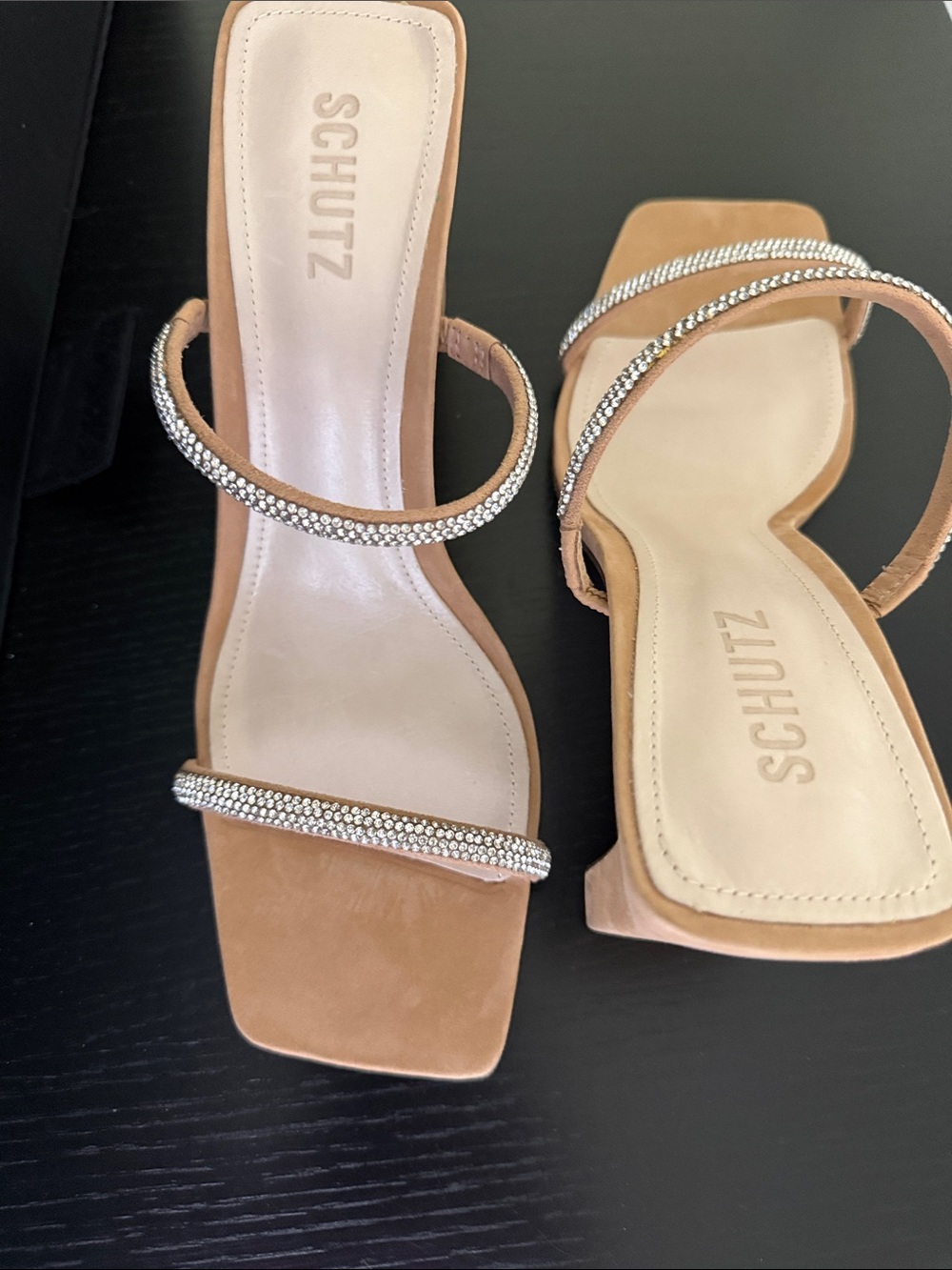 NEW SCHUTZ Tan Rhinestone Double-Strap Block Heel Mule - Picture 2 of 9
